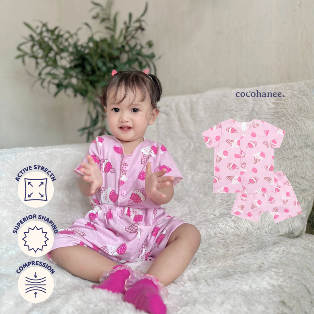 Cocohanee - Creamy Strawberry Baby Short Button Down Pajamas - Piyama Bayi dengan Kancing Depan