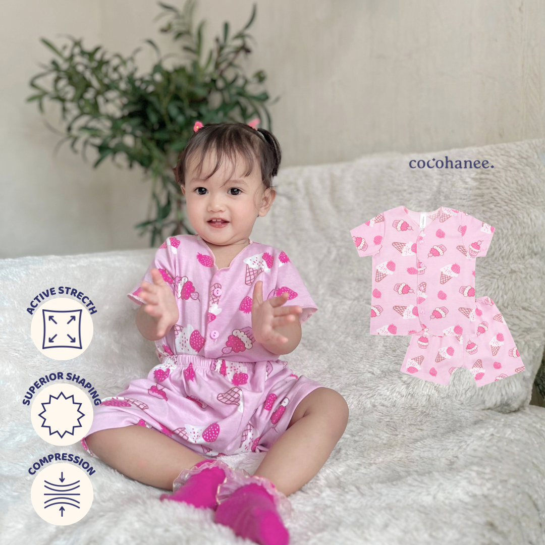 Cocohanee - Creamy Strawberry Baby Short Button Down Pajamas - Piyama Bayi dengan Kancing Depan