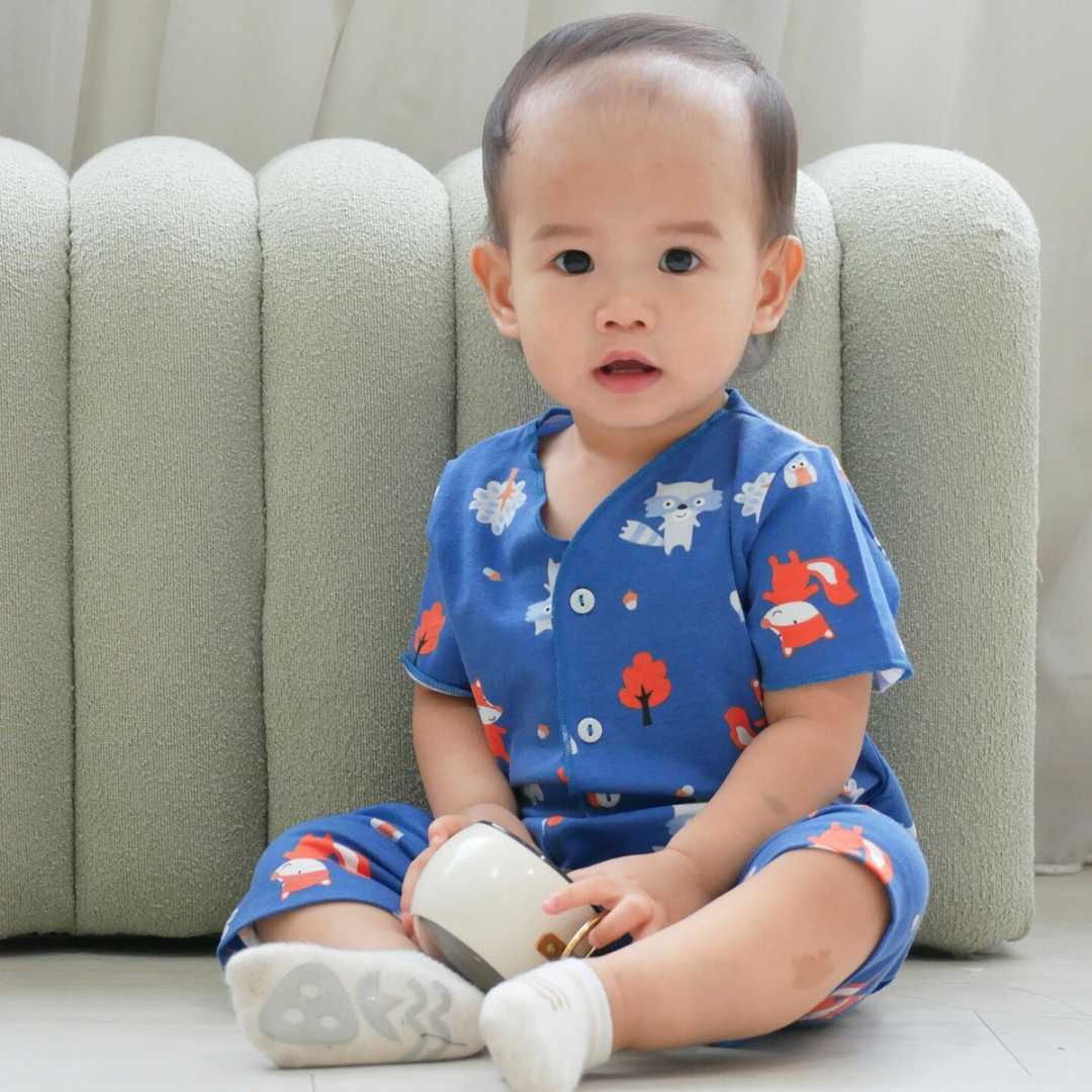 Cocohanee - Fox & Wolf Baby Short Button Down Pajamas - Piyama Bayi dengan Kancing Depan