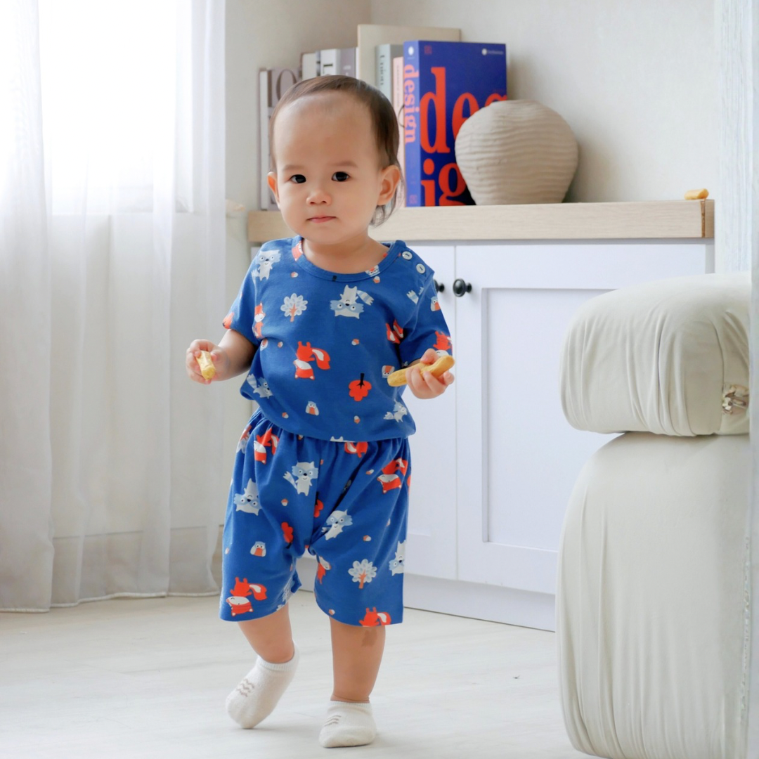 Cocohanee - Fox & Wolf Baby Short Shoulder Button Pajamas - Piyama Bayi dengan Kancing di Bahu