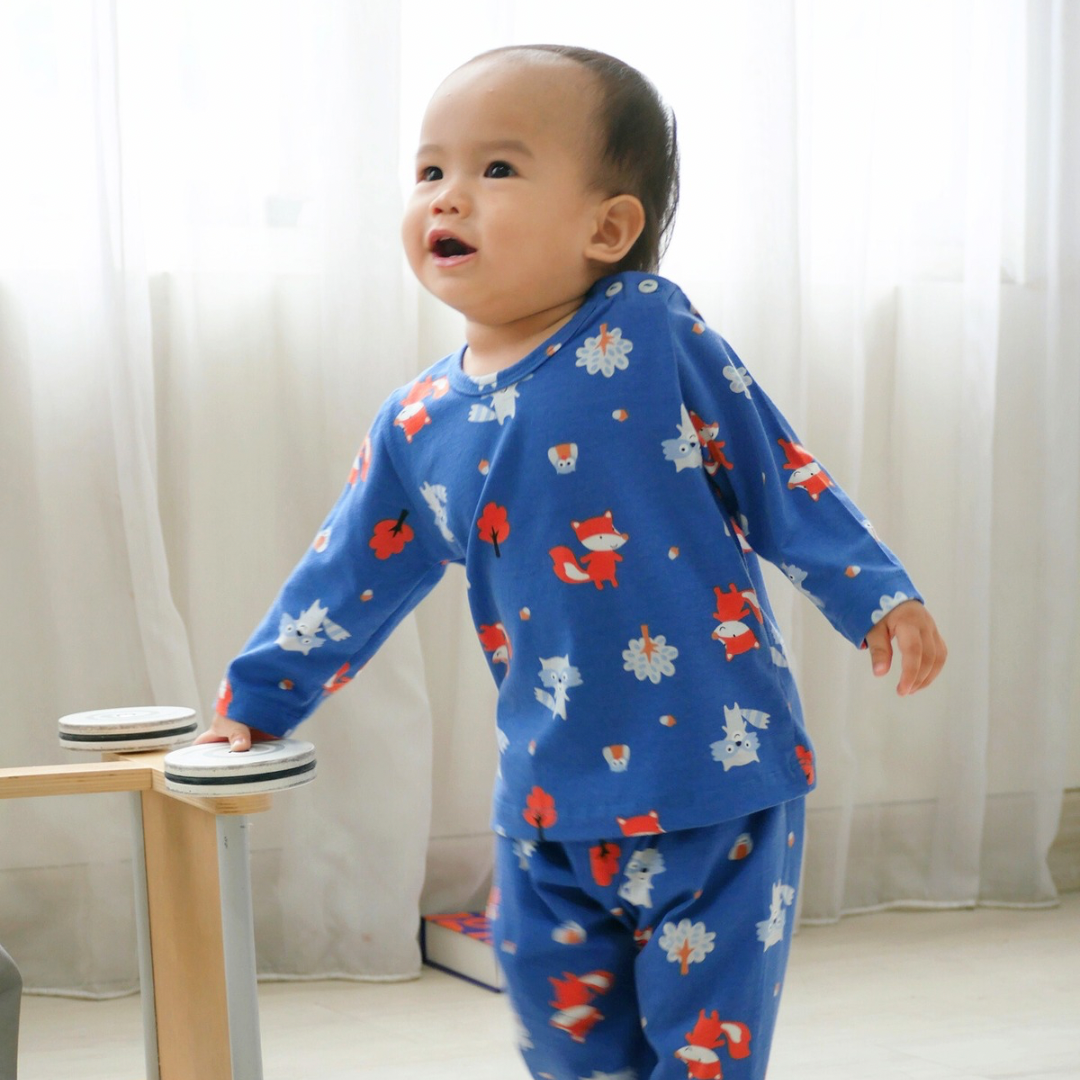 Cocohanee - Fox & Wolf Baby Long Shoulder Button Pajamas - Piyama Bayi dengan Kancing di Bahu