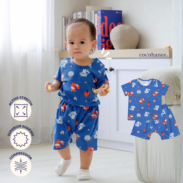 Cocohanee - Fox & Wolf Baby Short Shoulder Button Pajamas - Piyama Bayi dengan Kancing di Bahu