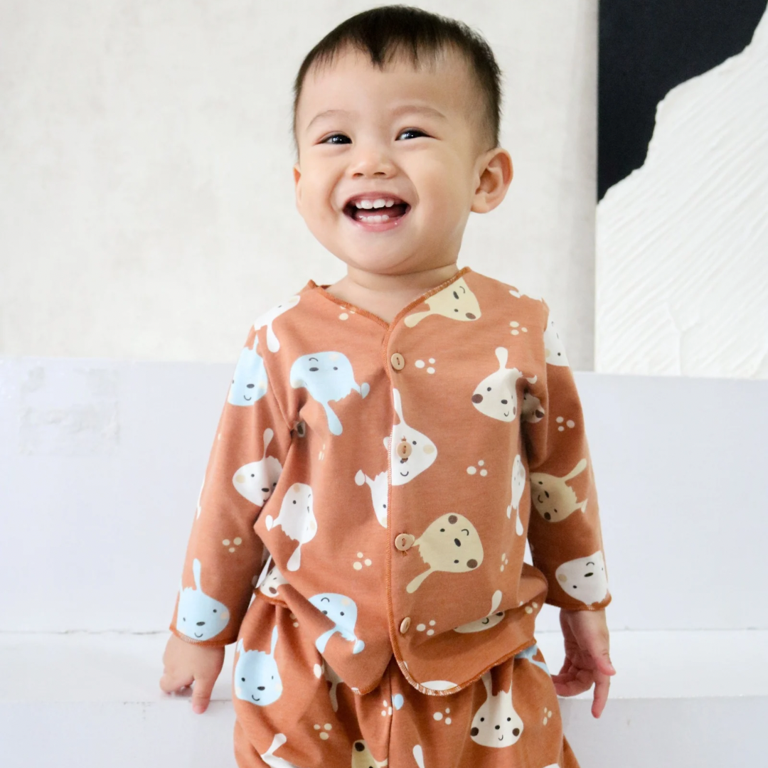 Cocohanee - Brown Puppies Baby Long Button Down Pajamas - Piyama Bayi dengan Kancing Depan