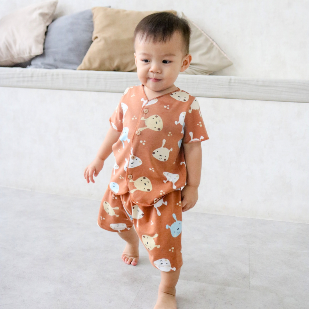 Cocohanee - Brown Puppies Baby Short Button Down Pajamas - Piyama Bayi dengan Kancing Depan