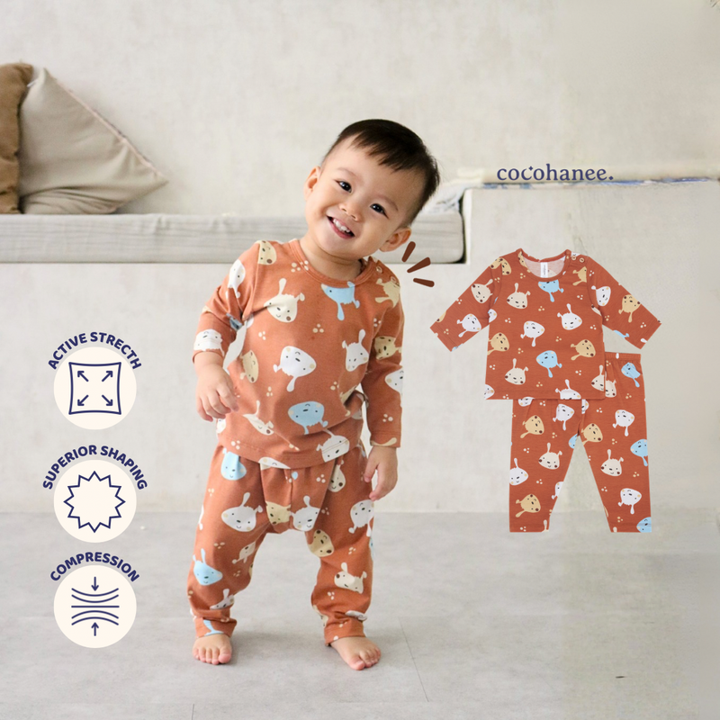 Cocohanee - Brown Puppies Baby Long Shoulder Button Pajamas - Piyama Bayi dengan Kancing di Bahu