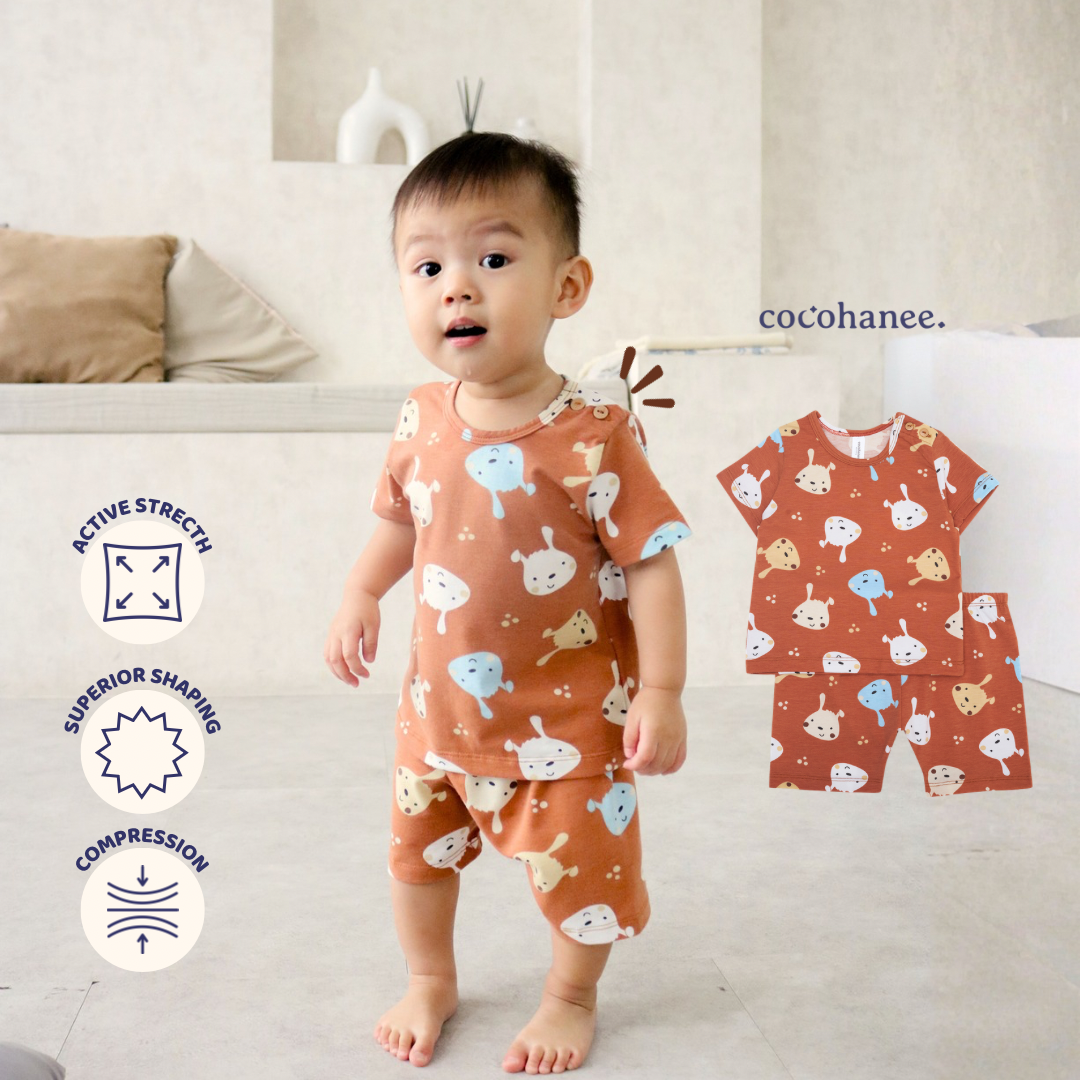 Cocohanee - Brown Puppies Baby Short Shoulder Button Pajamas - Piyama Bayi dengan Kancing di Bahu