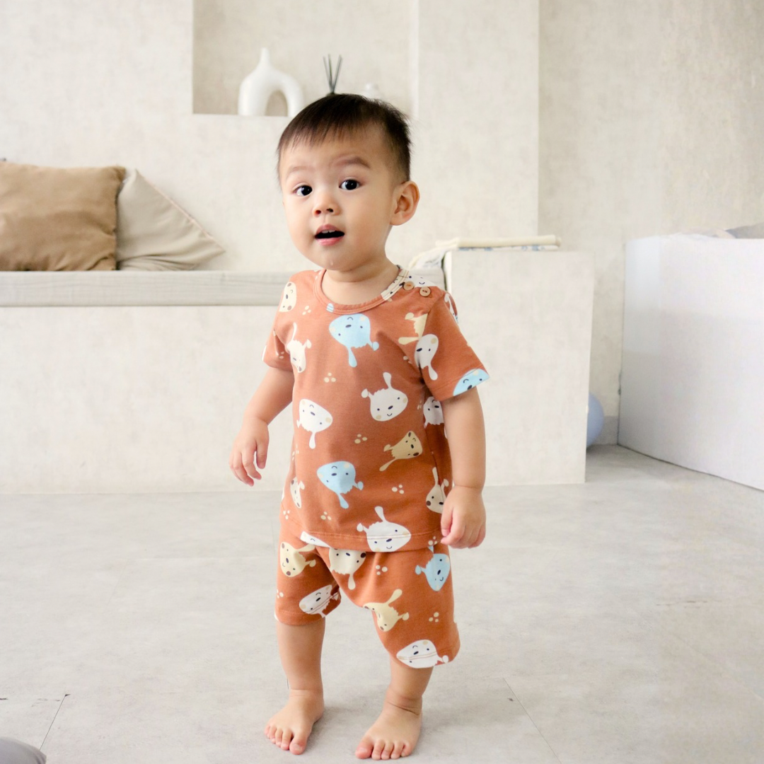 Cocohanee - Brown Puppies Baby Short Shoulder Button Pajamas - Piyama Bayi dengan Kancing di Bahu