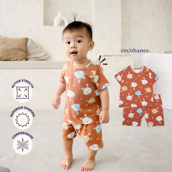 Cocohanee - Brown Puppies Baby Short Shoulder Button Pajamas - Piyama Bayi dengan Kancing di Bahu