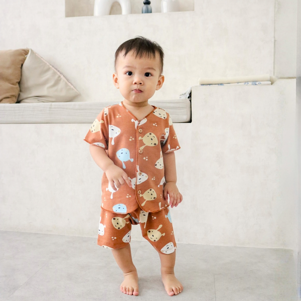 Cocohanee - Brown Puppies Baby Short Button Down Pajamas - Piyama Bayi dengan Kancing Depan