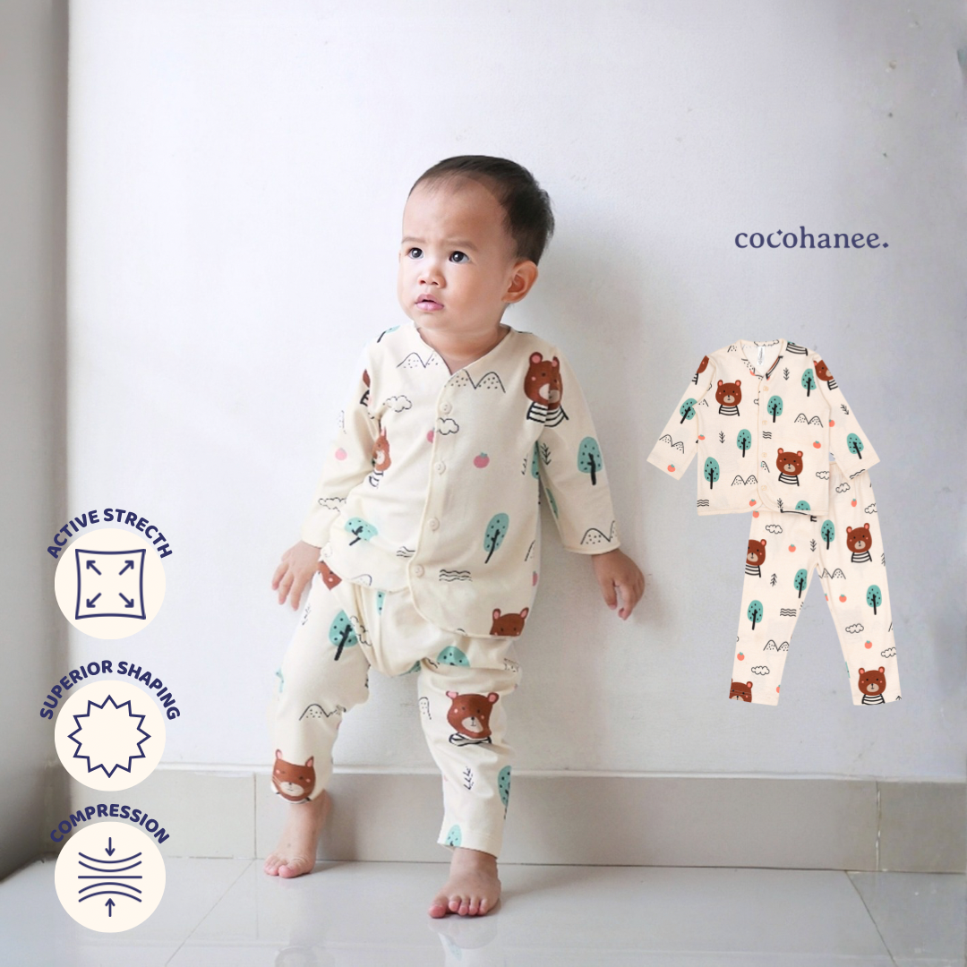 Cocohanee - Bears Button Down Long Pajamas - Piyama Bayi dan Anak dengan Kancing Depan
