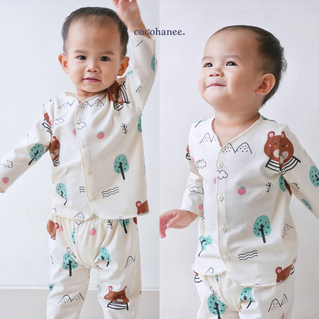 Cocohanee - Bears Button Down Long Pajamas - Piyama Bayi dan Anak dengan Kancing Depan