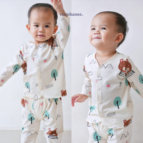 Cocohanee - Bears Button Down Long Pajamas - Piyama Bayi dan Anak dengan Kancing Depan