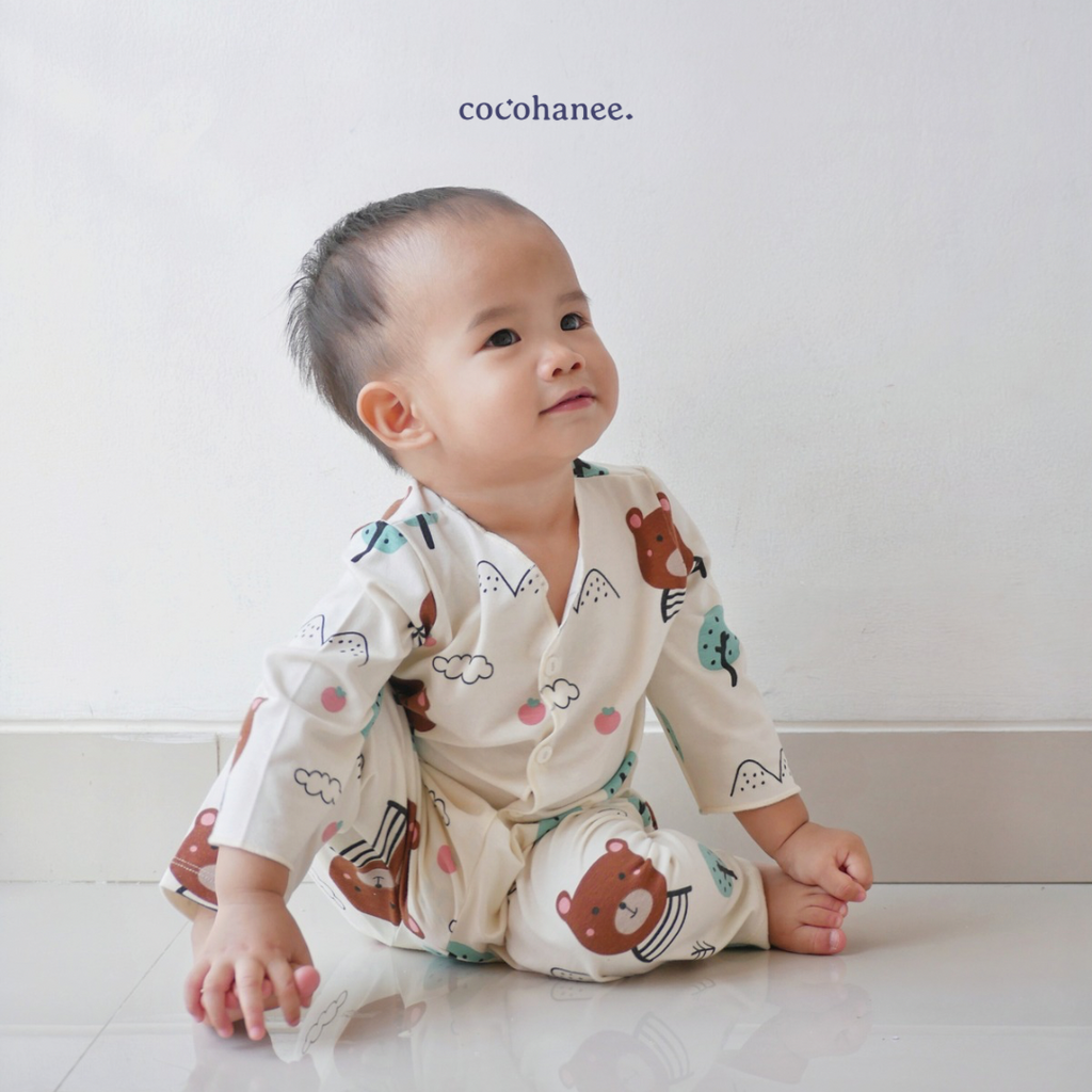 Cocohanee - Bears Button Down Long Pajamas - Piyama Bayi dan Anak dengan Kancing Depan