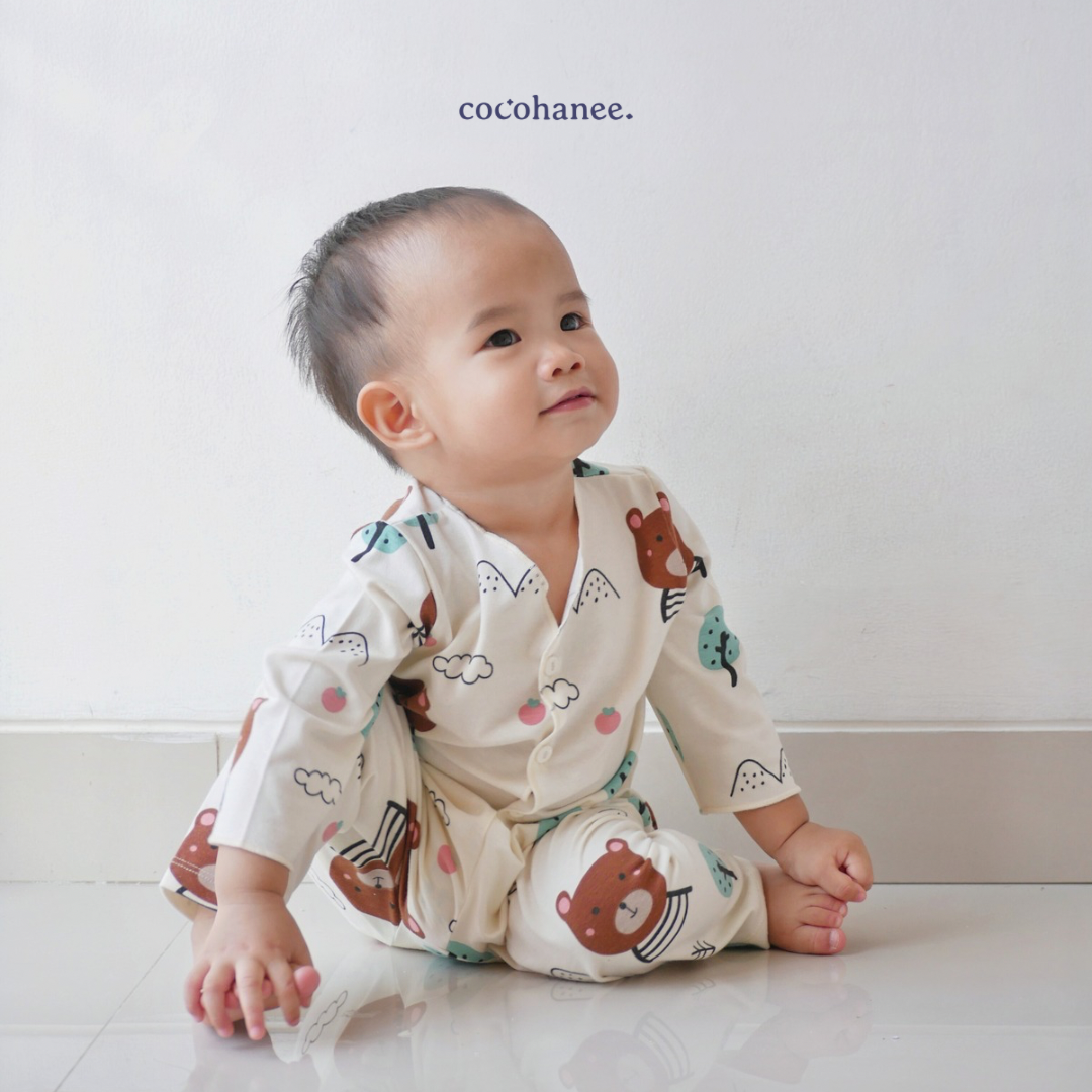Cocohanee - Bears Button Down Long Pajamas - Piyama Bayi dan Anak dengan Kancing Depan