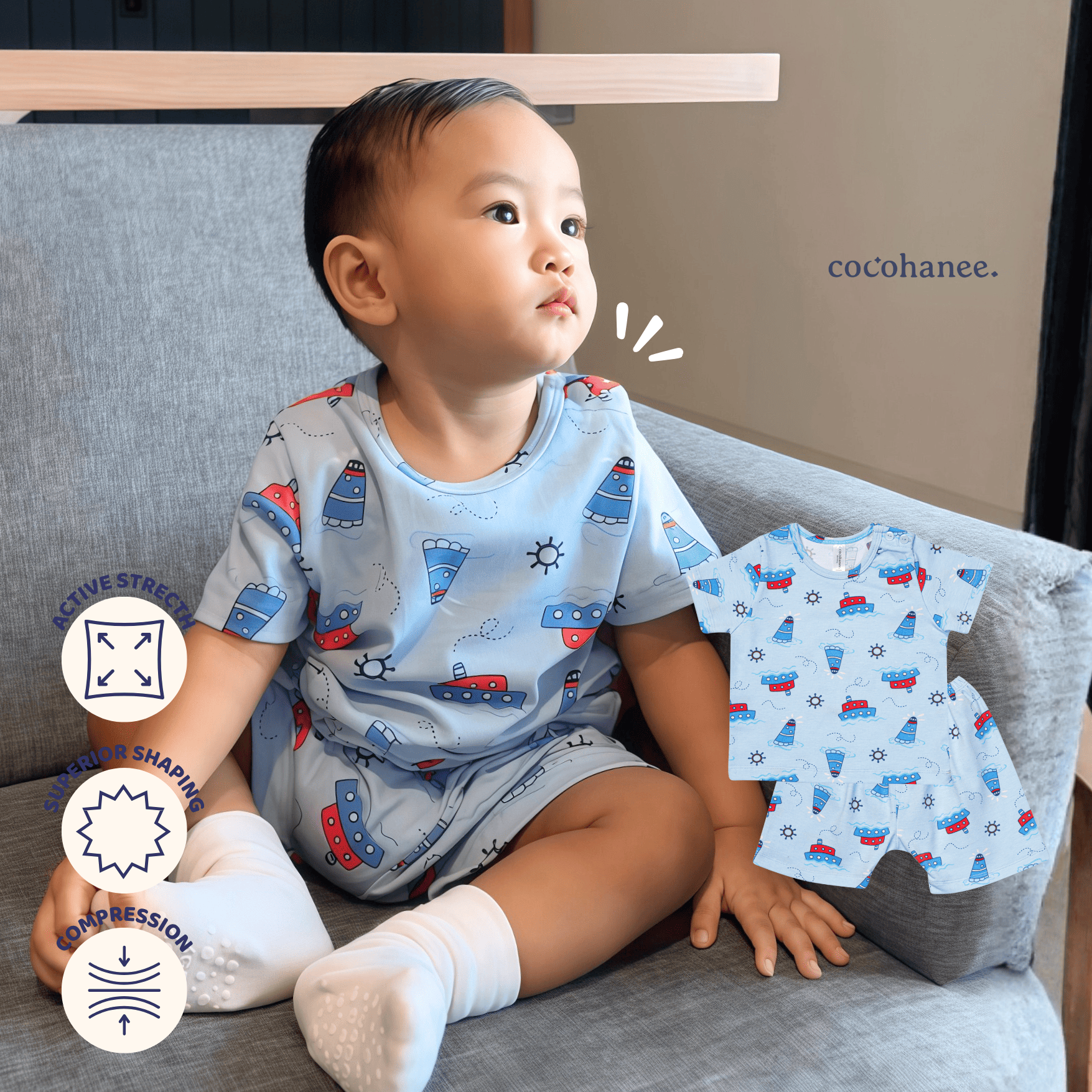 Cocohanee - Sailing Day Baby Short Shoulder Button Pajamas - Piyama Bayi dengan Kancing di Bahu