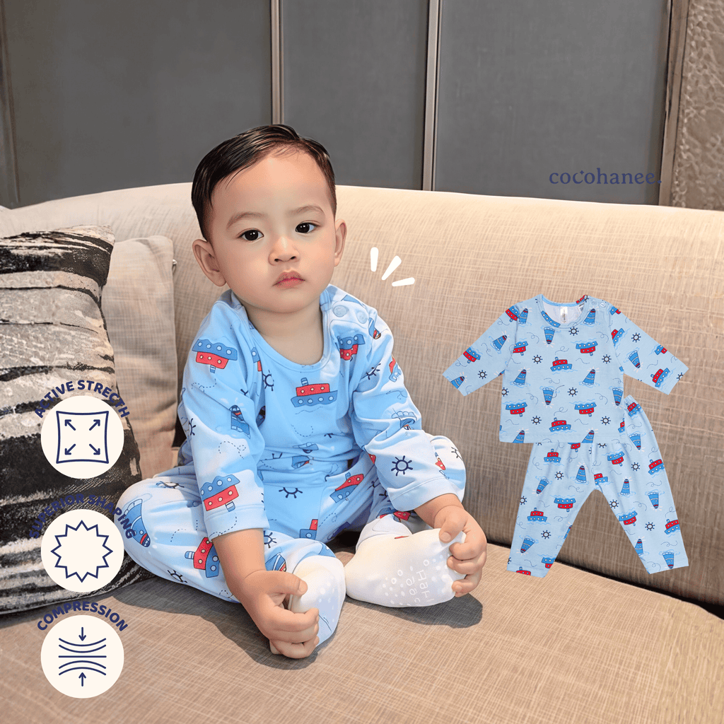 Cocohanee - Sailing Day Baby Long Shoulder Button Pajamas - Piyama Bayi dengan Kancing di Bahu