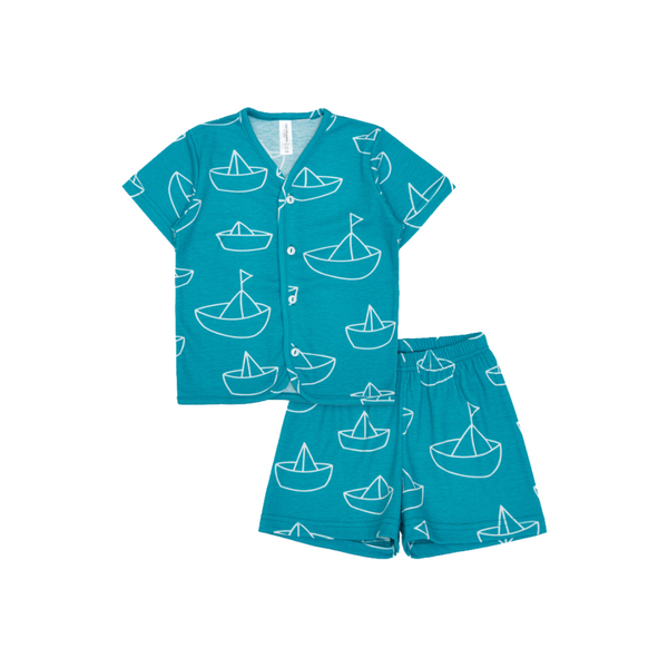 Cocohanee - Perahu Kertas Button Down Short Pajamas - Piyama Bayi dan Anak dengan Kancing Depan