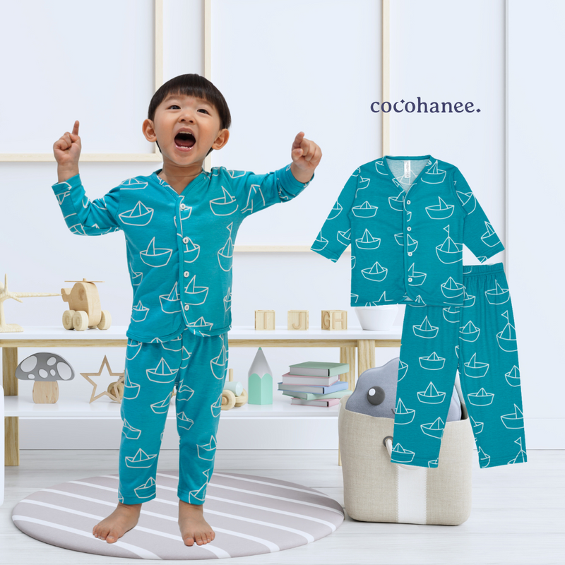 Cocohanee - Perahu Kertas Button Down Long Pajamas - Piyama Bayi dan Anak dengan Kancing Depan