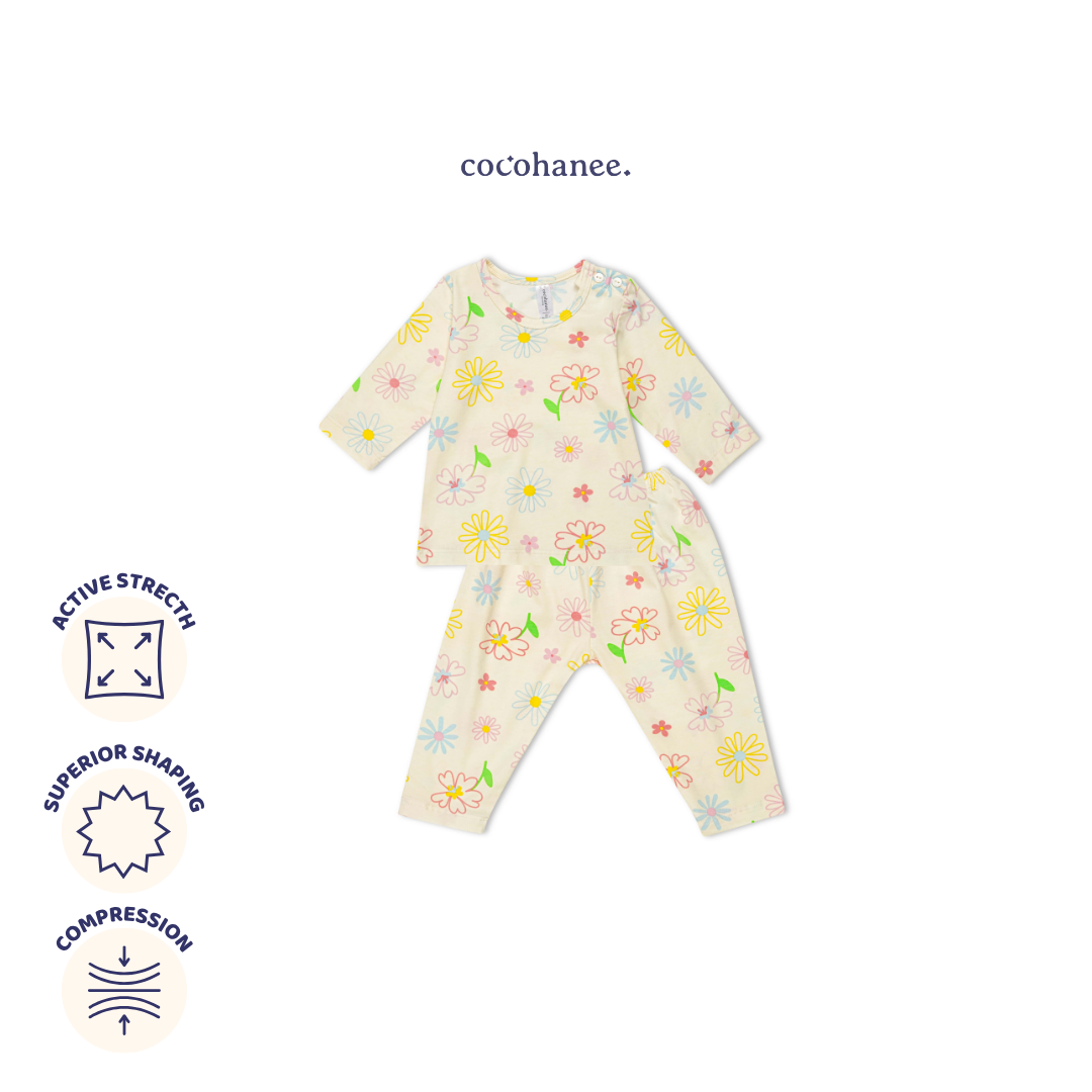 Blooming Flowers - Baby Long Shoulder Button Pajamas - Piyama Bayi dengan Kancing di Bahu