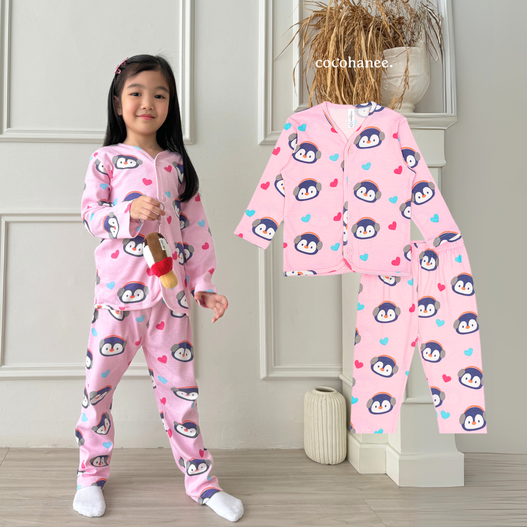 Cocohanee - Penguin in Love Button Down Long Pajamas - Piyama Bayi dan Anak dengan Kancing Depan