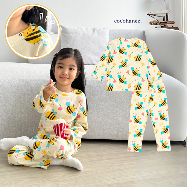 Cocohanee - Morning Bee Shoulder Button Long Pajamas - Piyama Bayi dan Anak dengan Kancing di Bahu