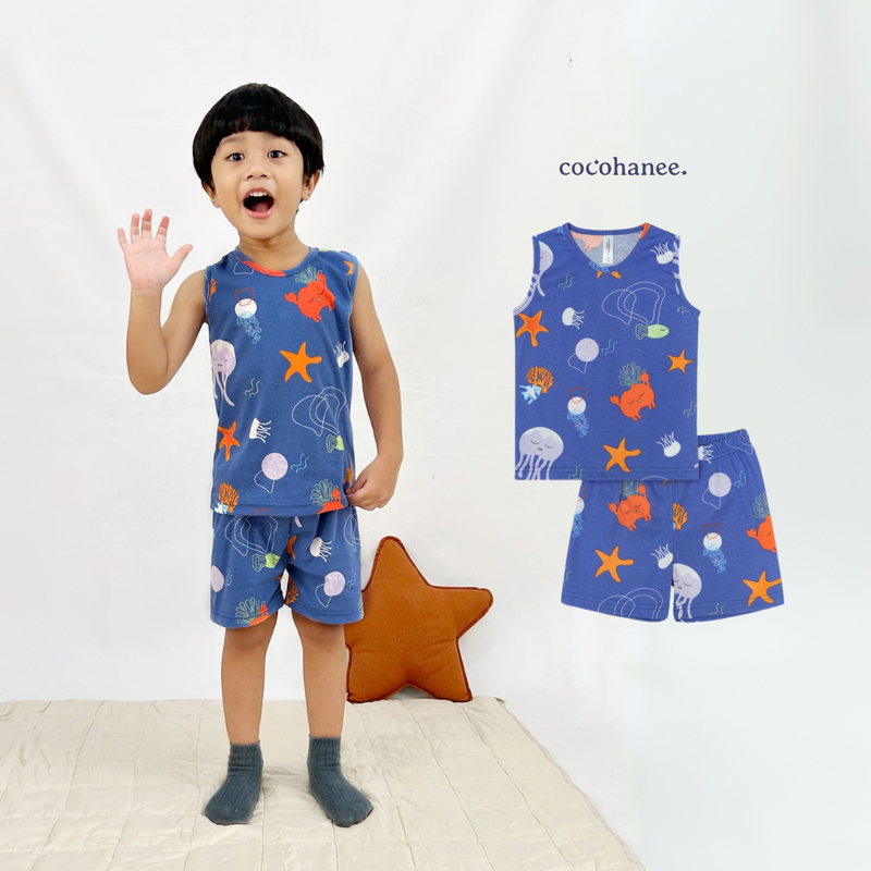 Cocohanee - Marine Blue Sleeveless Set - Setelan Anak Tanpa Lengan