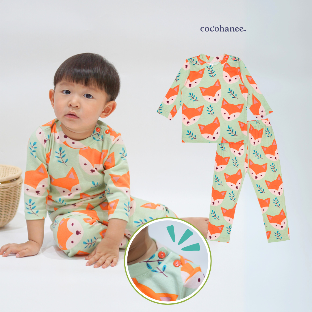 Cocohanee - Mr Fox Shoulder Button Long Pajamas - Piyama Bayi dan Anak dengan Kancing di Bahu