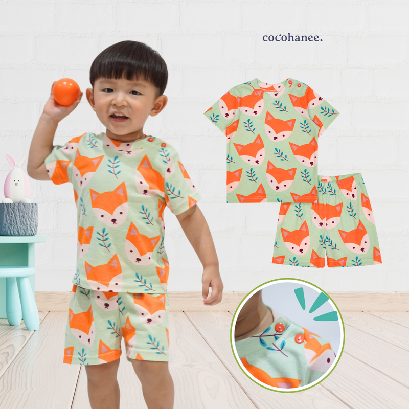 Cocohanee - Mr Fox Shoulder Button Short Pajamas - Piyama Bayi dan Anak dengan Kancing di Bahu