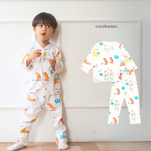 Cocohanee - Orange Dino Button Down Long Pajamas - Piyama Bayi dan Anak dengan Kancing Depan