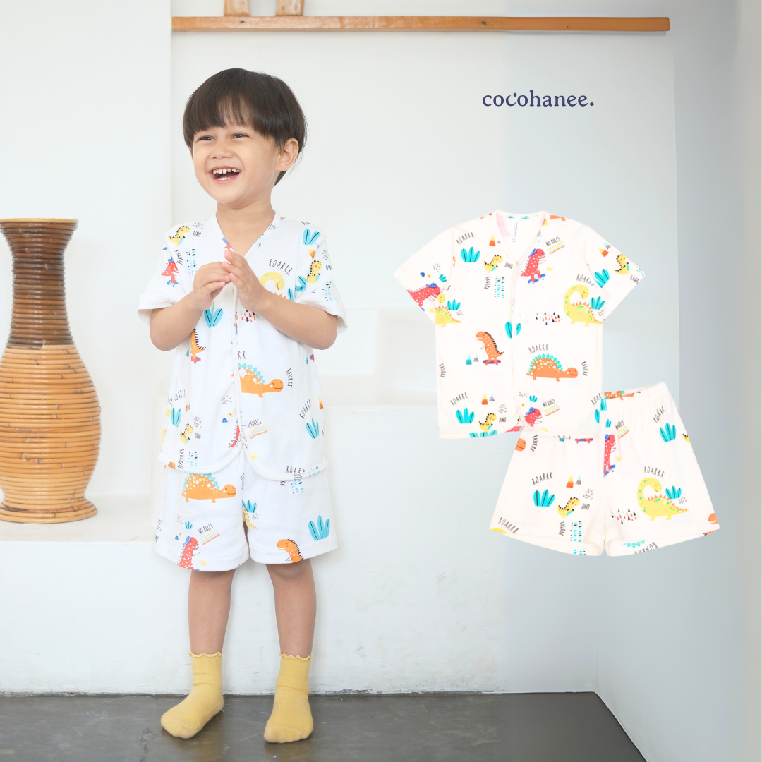 Cocohanee - Orange Dino Button Down Short Pajamas - Piyama Bayi dan Anak dengan Kancing Depan