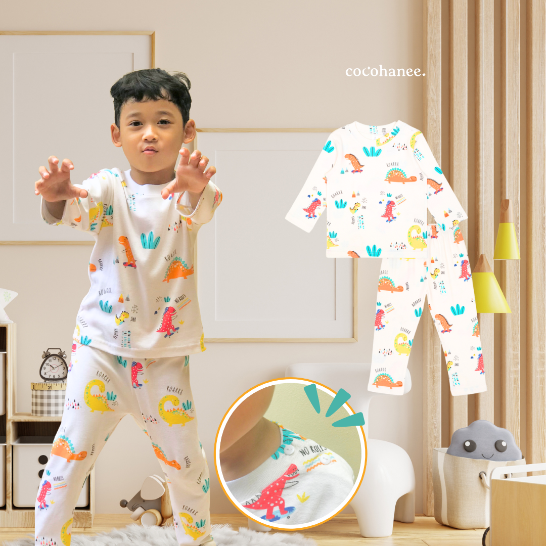 Cocohanee - Orange Dino Shoulder Button Long Pajamas - Piyama Bayi dan Anak dengan Kancing di Bahu