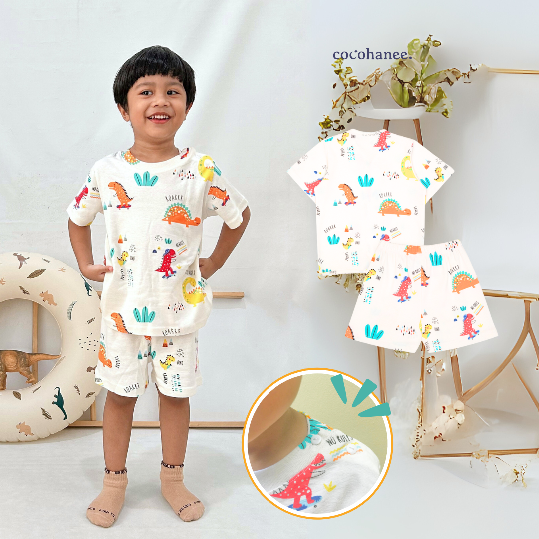 Cocohanee - Orange Dino Shoulder Button Short Pajamas - Piyama Bayi dan Anak dengan Kancing di Bahu