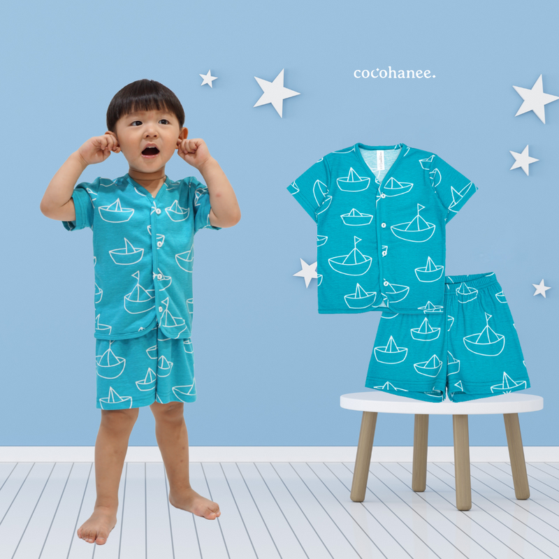 Cocohanee - Perahu Kertas Button Down Short Pajamas - Piyama Bayi dan Anak dengan Kancing Depan