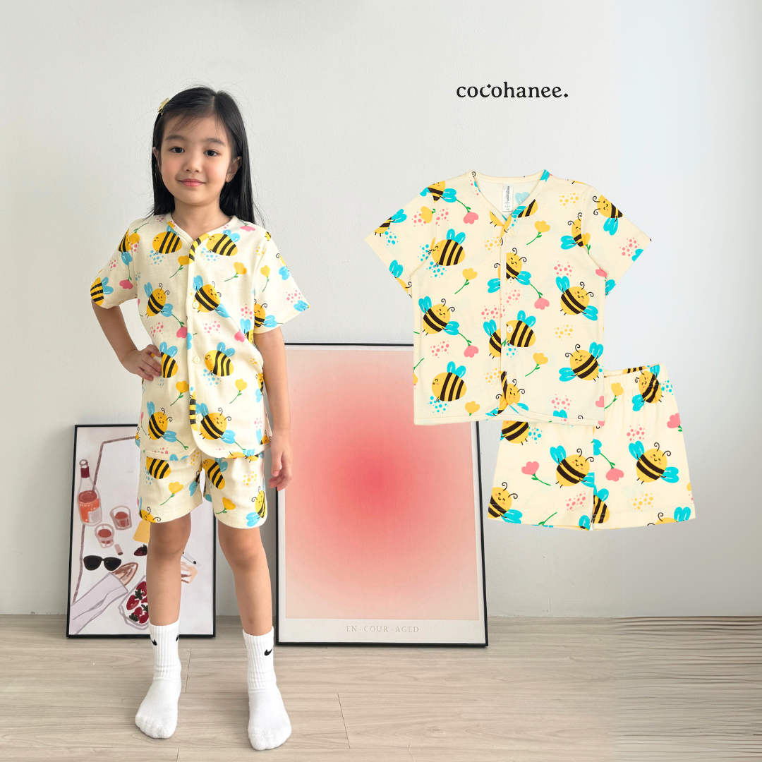 Cocohanee - Morning Bee Button Down Short Pajamas - Piyama Bayi dan Anak dengan Kancing Depan