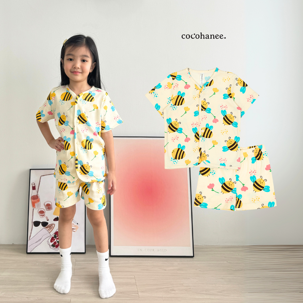 Cocohanee - Morning Bee Button Down Short Pajamas - Piyama Bayi dan Anak dengan Kancing Depan