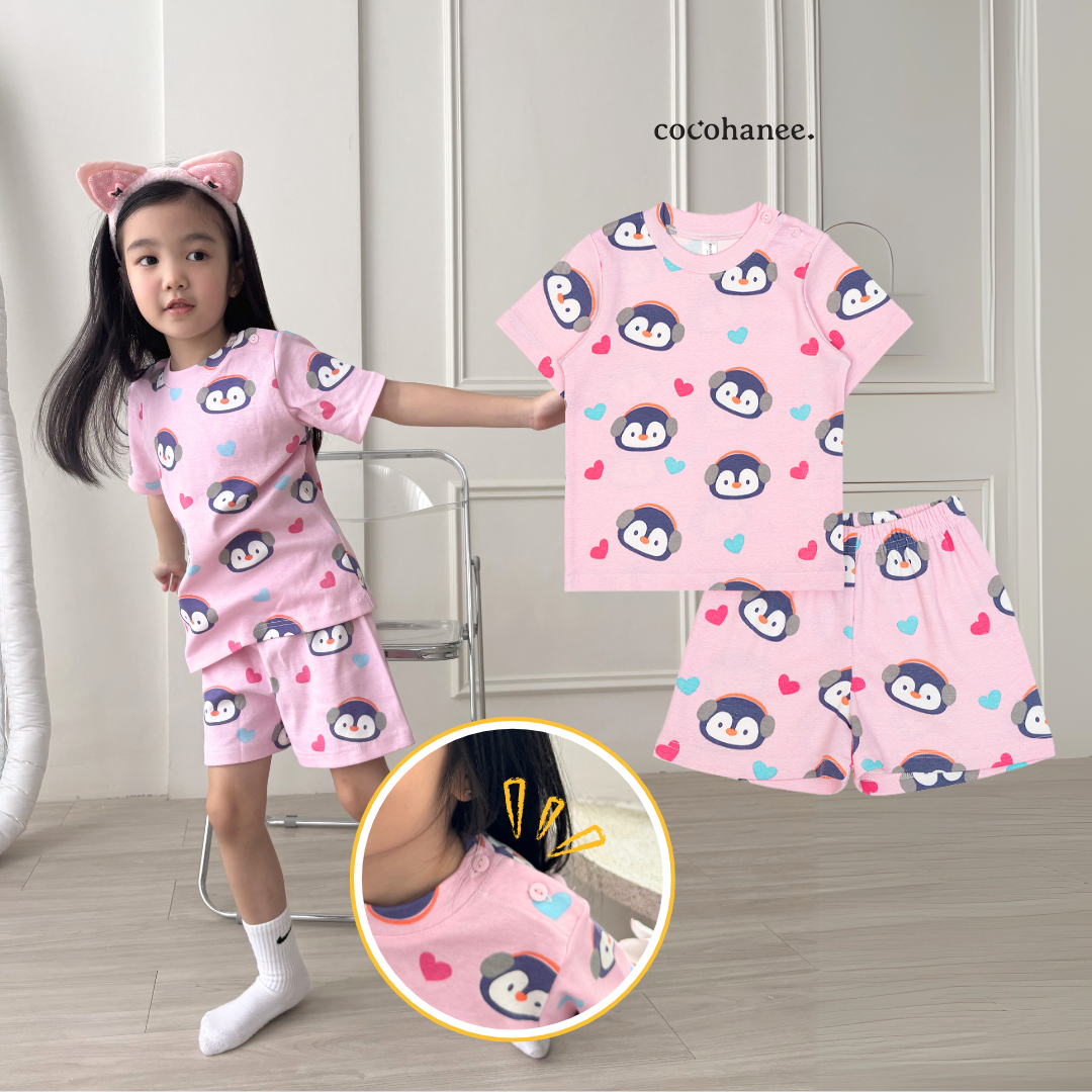 Cocohanee - Penguin in Love Shoulder Button Short Pajamas - Piyama Bayi dan Anak dengan Kancing di Bahu