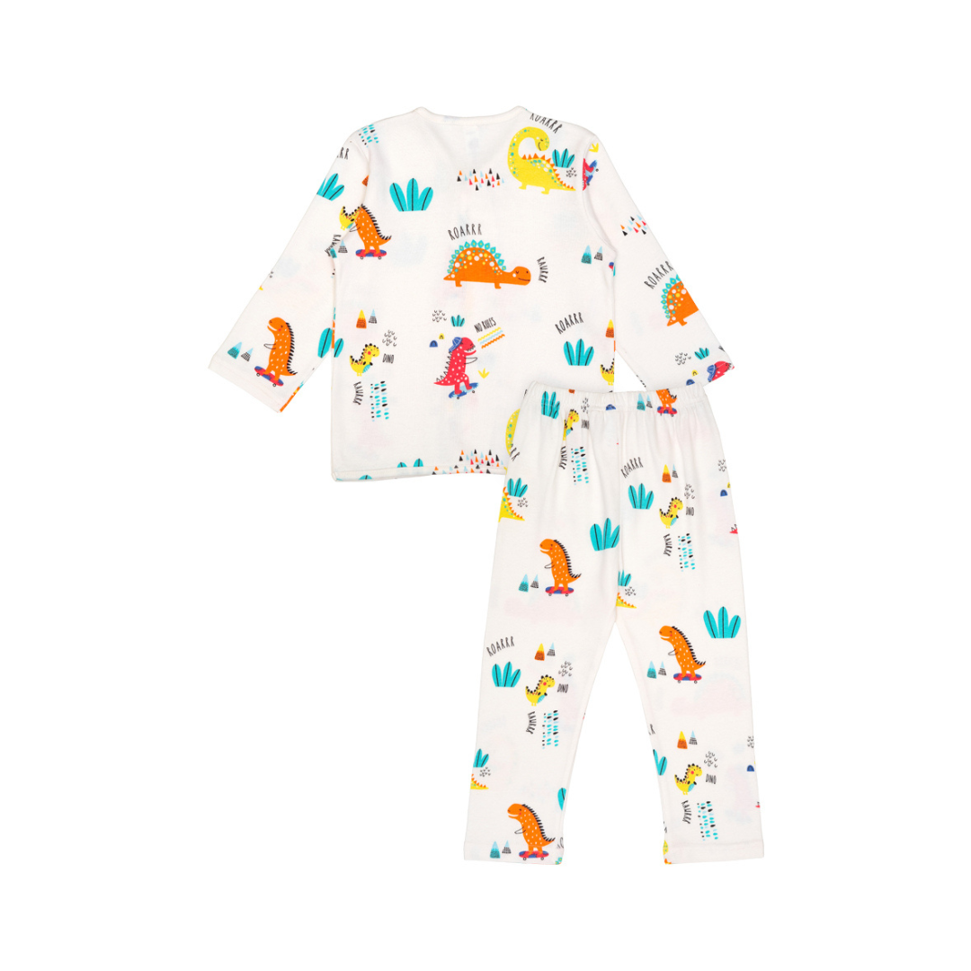 Cocohanee - Orange Dino Button Down Long Pajamas - Piyama Bayi dan Anak dengan Kancing Depan