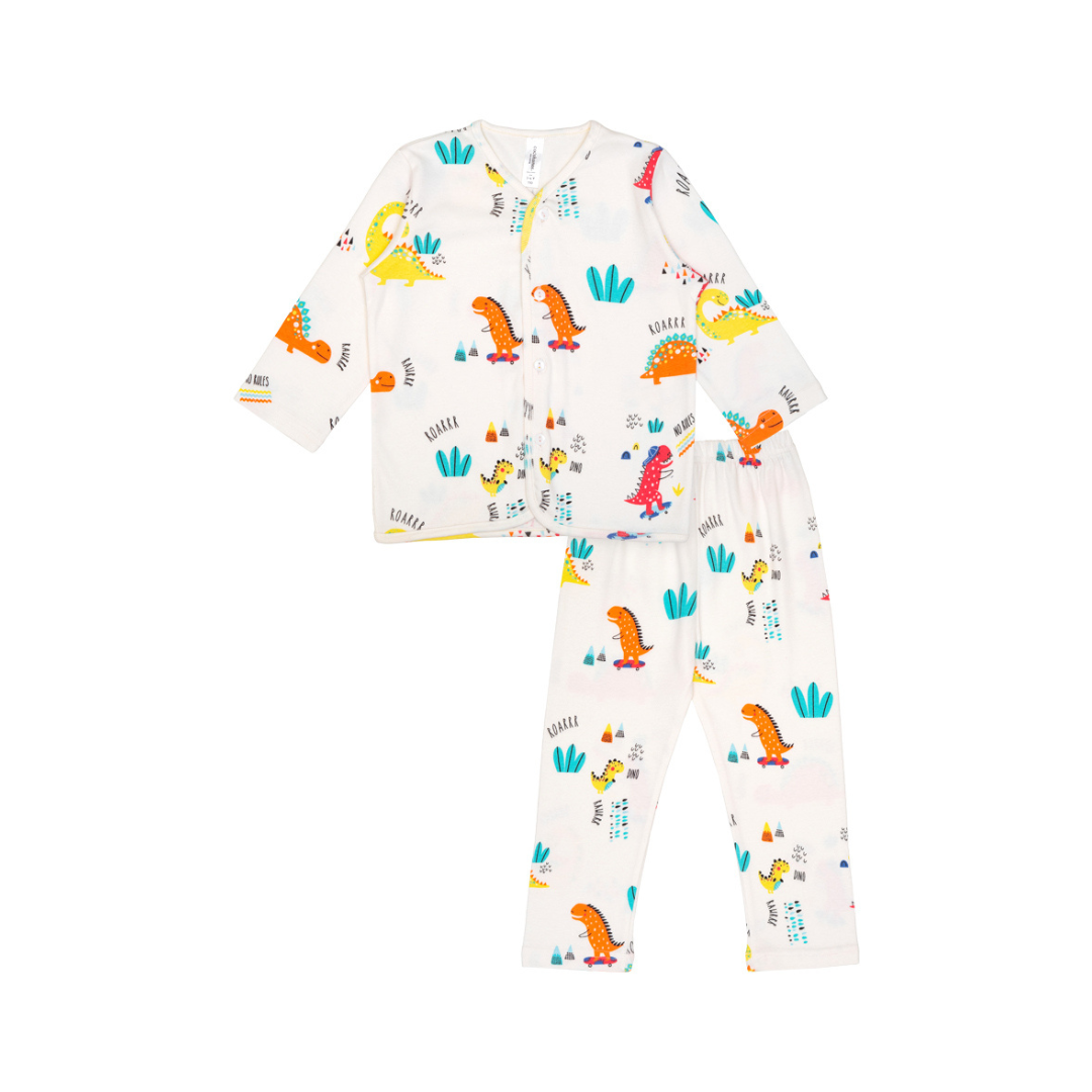 Cocohanee - Orange Dino Button Down Long Pajamas - Piyama Bayi dan Anak dengan Kancing Depan