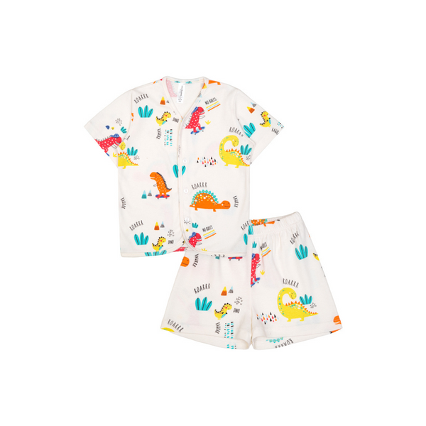 Cocohanee - Orange Dino Button Down Short Pajamas - Piyama Bayi dan Anak dengan Kancing Depan