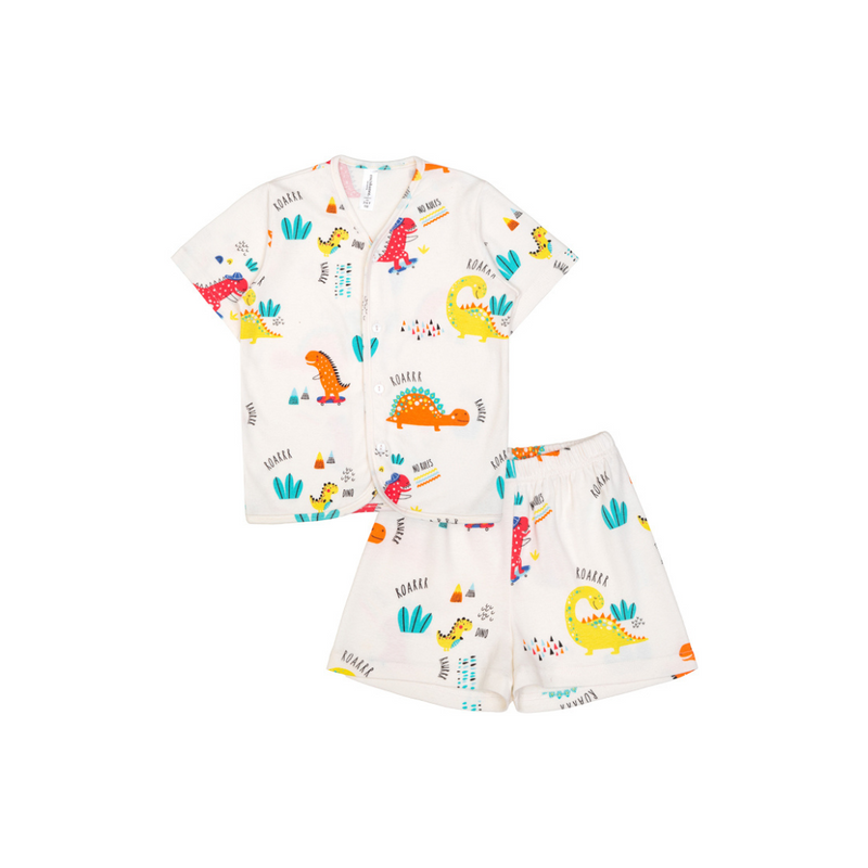 Cocohanee - Orange Dino Button Down Short Pajamas - Piyama Bayi dan Anak dengan Kancing Depan