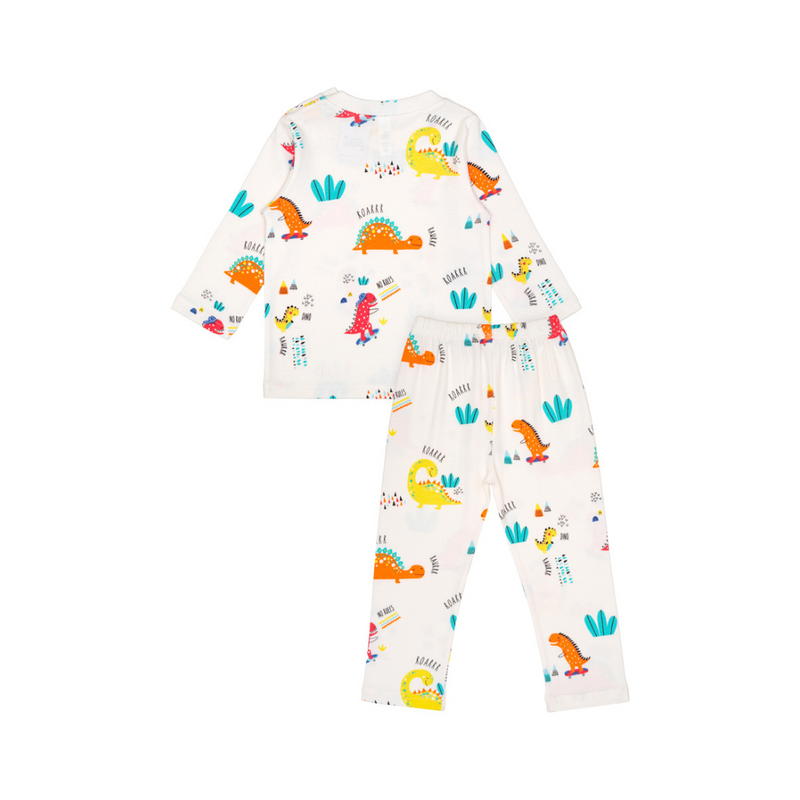 Cocohanee - Orange Dino Shoulder Button Long Pajamas - Piyama Bayi dan Anak dengan Kancing di Bahu