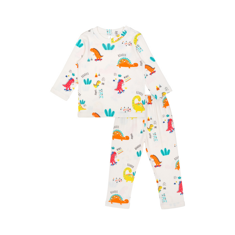 Cocohanee - Orange Dino Shoulder Button Long Pajamas - Piyama Bayi dan Anak dengan Kancing di Bahu