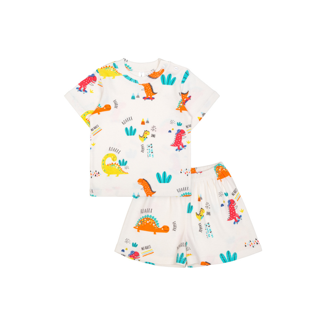 Cocohanee - Orange Dino Shoulder Button Short Pajamas - Piyama Bayi dan Anak dengan Kancing di Bahu