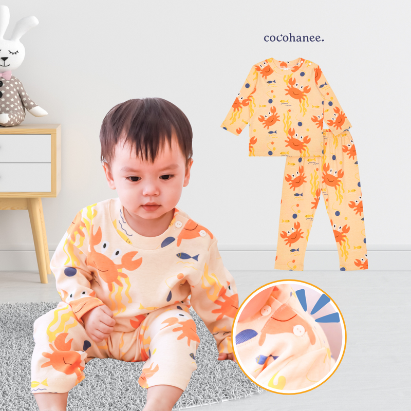 Cocohanee - Mr Craby Shoulder Button Long Pajamas - Piyama Bayi dan Anak dengan Kancing di Bahu