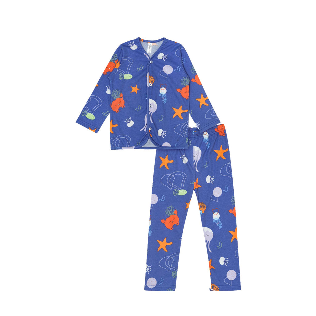 Cocohanee - Marine Blue Button Down Long Pajamas - Piyama Bayi dan Anak dengan Kancing Depan