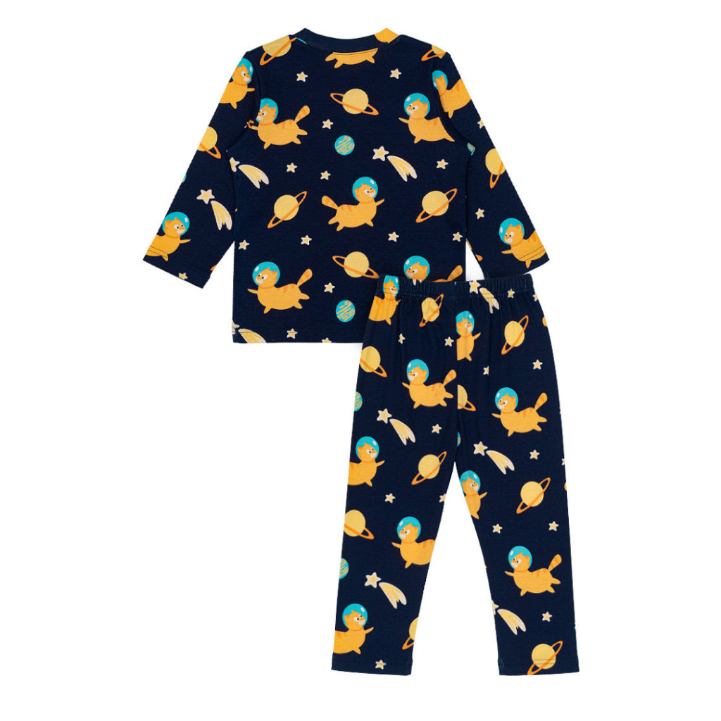 Cocohanee - Galaxy Cat Shoulder Button Long Pajamas - Piyama Bayi dan Anak dengan Kancing di Bahu