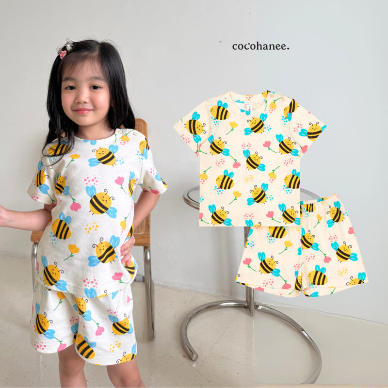 Cocohanee - Morning Bee Shoulder Button Short Pajamas - Piyama Bayi dan Anak dengan Kancing di Bahu