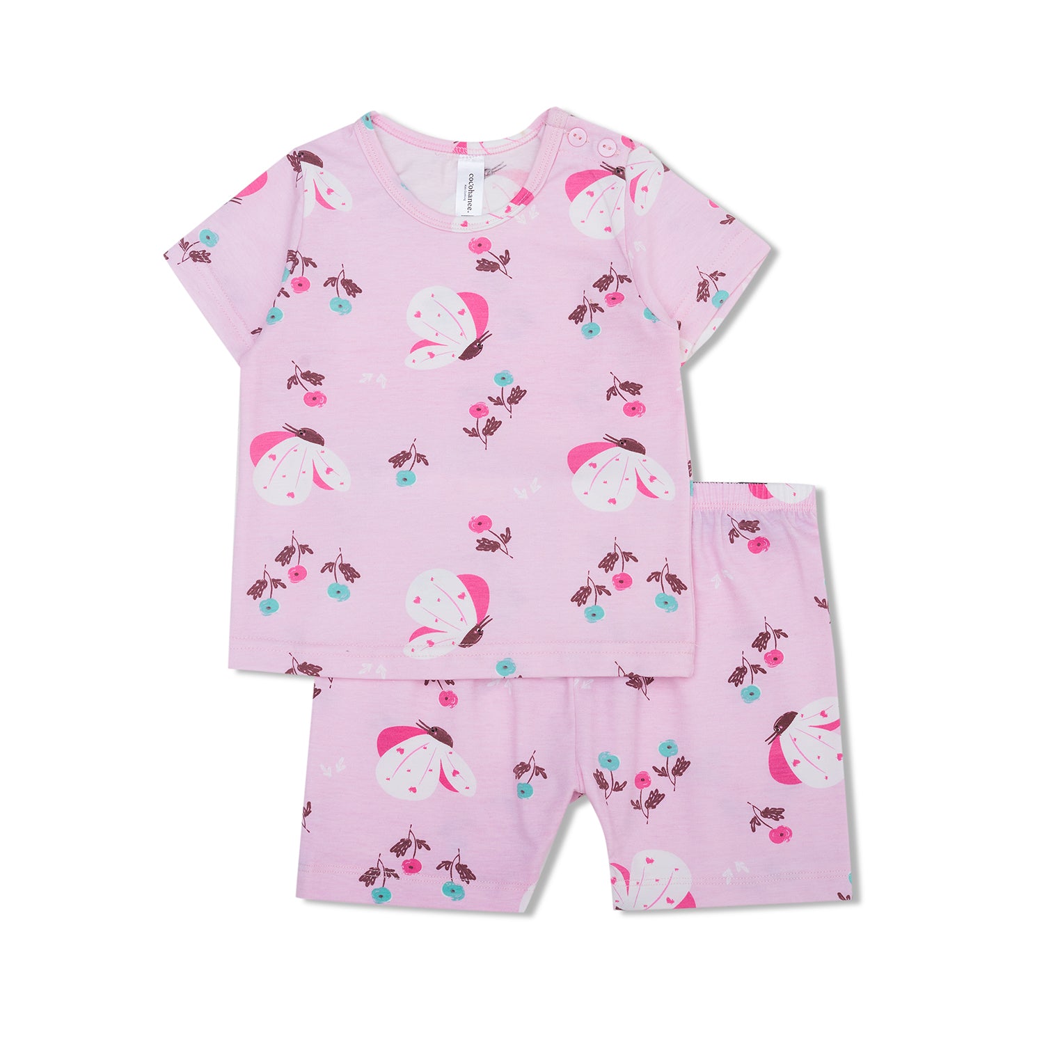 Cocohanee - Butterflies Baby Short Shoulder Button Pajamas - Piyama Bayi dengan Kancing di Bahu