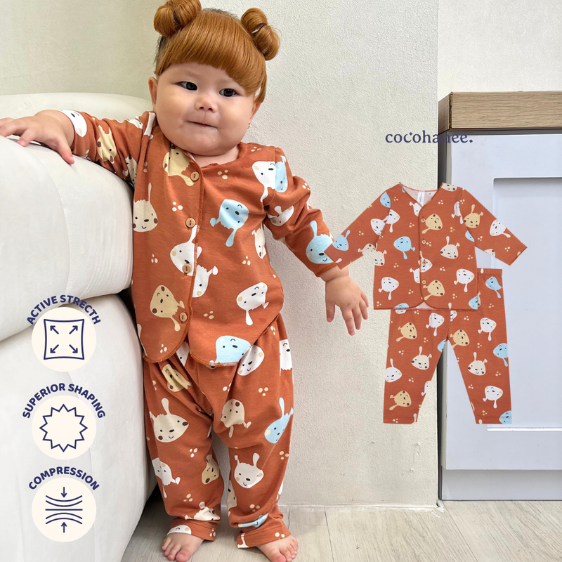 Cocohanee - Brown Puppies Baby Long Button Down Pajamas - Piyama Bayi dengan Kancing Depan