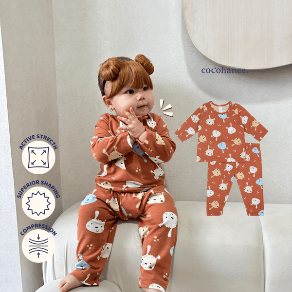Cocohanee - Brown Puppies Baby Long Shoulder Button Pajamas - Piyama Bayi dengan Kancing di Bahu